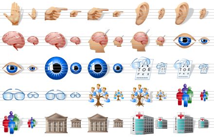 medical icons for vista - palm sh, index, index sh, ear, ear sh, brain, brain sh, brain probe, brain probe sh, eye, eye sh, view, view sh, eye chart, eye chart sh, spectacles, spectacles sh, genealogy, genealogy sh, demography, demography sh, university, university sh, hospital, hospital sh icon