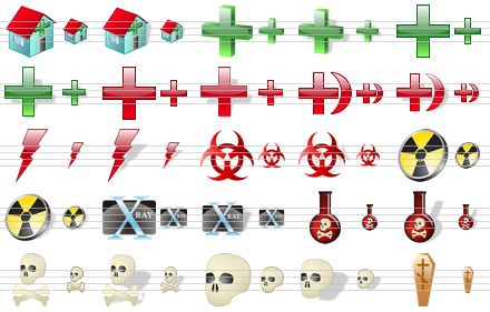 medical icons for vista - drugstore, drugstore sh, green cross 3d, green cross 3d sh, green cross, green cross sh, red cross, red cross sh, red cross and crescent, red cross and crescent sh, disaster, disaster sh, bio hasard, bio hasard sh, radiation, radiation sh, x-ray, x-ray sh, poison, poison sh, death, death sh, skull, skull sh, coffin icon