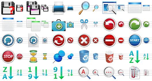 message toolbar icons - save as, save all, print, view, preview, landscape, portrait, copy, paste, cut, undo, redo, refresh, refresh document, synchronize, erase, no, start, stop, hourglass, pin, empty trash can, full trash can, sorting a-z, sorting z-a, sorting 1-9, sorting 9-1, spell check, spell checking, attach icon