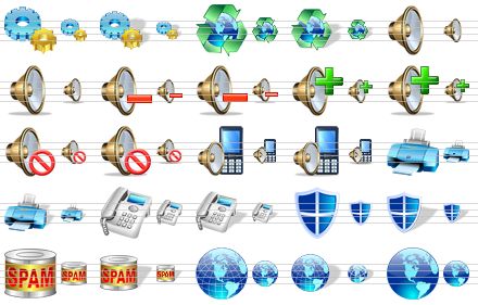 messenger icons for vista - settings, settings sh, recycling, recycling sh, volume, volume sh, volume down, volume down sh, volume up, volume up sh, no sound, no sound  sh, mobile sound, mobile sound sh, printer, printer sh, phone, phone sh, shield, shield sh, spam, spam sh, globe, globe sh, web icon