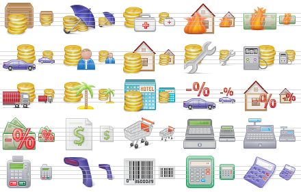money icon set - trade, insurance, medical insurance, fire damage, burn money, automobile loan, personal loan, mortgage loan, repair costs, fuel expenses, transportation costs, tourist industry, tourist business, automobile loan interest payment, mortgage loan interest payment, tax, price list, hand cart, cash register, cash register v2, card terminal, bar-code scanner, bar-code, calculator, calculator v2 icon