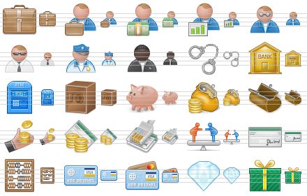 money icon set - brief case, accountant, financier, marketer, book-keeper, security guard, police-officer, thief, handcuffs, bank, atm, safe, piggy-bank, purse, bankruptcy, earnings, collection of a check, internet payment, trading, cheque, book-keeping, visa card, credit cards, diamond, gift icon