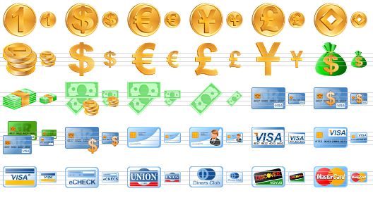 money toolbar icons - coin, dollar coin, euro coin, yen coin, pound coin, fengshui coin, coins, dollar, euro, pound, yen, money bag, bundle, cash, banknotes, banknote, credit card, debit card, credit cards, money, smart card, personal smart card, visa card, visa chip card, visa, echeck, union card, diners club, discover, mastercard icon