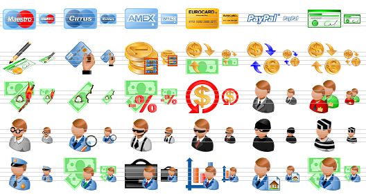 money toolbar icons - maestro, cirrus, american express, eurocard, paypal, cheque, cheque cashing, payment, accounting, exchange, conversion of currency, currency converter, burn money, fire damage, tax, chargeback, boss, managers, book-keeper, auditor, security guard, security, thief, prisoner, police-officer, financier, accountant, marketer, realtor, personal loan icon