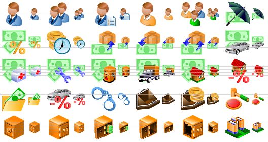 money toolbar icons - client, clients, client list, customer, customers, insurance, capital gains, income, purchase, sell, trade, automobile loan, medical insurance, repair costs, fuel expenses, transportation costs, mortgage loan, mortgage loan interest payment, money folder, automobile loan interest payment, handcuffs, empty purse, purse, auction, safe, closed safe, open safe, empty safe, broken safe, bank icon