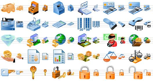 money toolbar icons - piggy-bank, atm, cash dispenser, card terminal, smart card terminal, pos terminal, sales register, cash register, calculator, barcode, barcode scanner, barcode scanning, diamond, tourist business, tourist industry, hotel business, foreign currency, internet payment, earnings, price list, income statement, trading, balance, scales, access key, key, privacy, lock, unlock, open lock icon