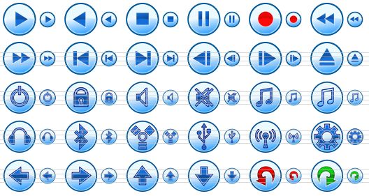 multimedia toolbar icons - play, playback, stop, pause, record, rewind, forward, first, last, previous, next, eject, off, lock, sound, mute, music, music notes, headphones, bluetooth, firewire, usb, wi-fi, setup, left, right, up, down, undo, redo icon