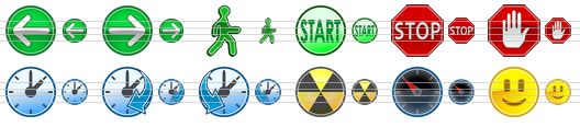 multimedia toolbar icons - go back, go forward, go, start, stop sign, abort, time, schedule, history, atomic, gauge, smile icon
