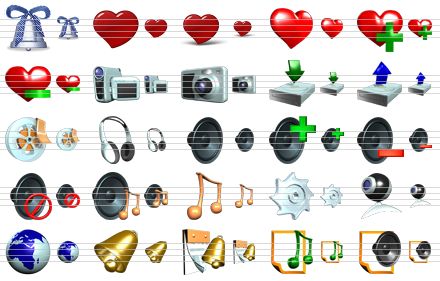 multimedia icons for vista - blue christmas bell sh, heart, heart sh, favourites, add to favourites, remove from favourites, camcorder, camera v2, download, upload, film, head phones v2, loud speaker, increase volume, decrease volume, no sound v2, sound v2, music notes v2, pinion, web-camera, web, bell, holiday v2, music document, sound document icon