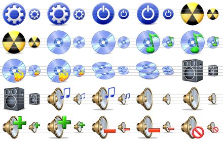 multimedia icons for vista - setup, setup sh, turn off, turn off sh, atomic, atomic sh, cd-disk, cd-disk sh, music disk, music disk sh, burn cd, burn cd sh, disks, disks sh, speaker, speaker sh, music, music sh, volume, volume sh, volume up, volume up sh, volume down, volume down sh, no sound icon