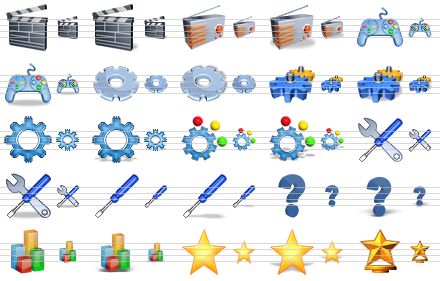 multimedia icons for vista - filmclapper, filmclapper sh, radio, radio sh, games, games sh, gear, gear sh, gears, gears sh, settings, settings sh, color balance, color balance sh, options, options sh, screwdriver, screwdriver sh, question, question sh, statistics, statistics sh, star, star sh, hit parade icon