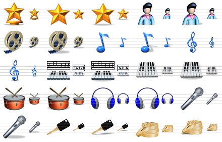 multimedia icons for vista - hit parade sh, gold star, gold star sh, performer, performer sh, movie, movie sh, music note, music note sh, treble clef, treble clef sh, synthesizer, synthesizer sh, piano, piano sh, drum, drum sh, head-phones, head-phones sh, microphone, microphone sh, key, key sh, coins, coins sh icon