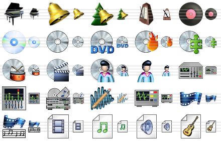 music icon library - concert grand, bell, new year bell, metronome, music disk, cd-disk, cd, dvd, burn cd, music collection, instrumental music, sound tracks, songs, performer, amplifier, eqalizer, music kit, sound edition, test sound, celluloid, midi, video file, midi document, sound document, music document icon