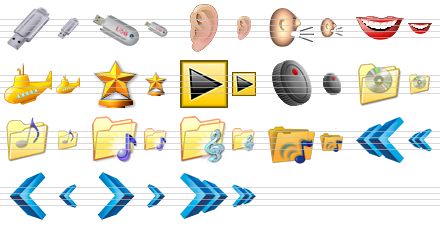 music icon library - usb-drive, usb-drive v2, ear, speech, teeth, yellow submarine, hit parade, play animation, loudness control, cd folder, music folder, music folder v2, music folder v3, music folder v4, fast back, back, forward, fast forward icon