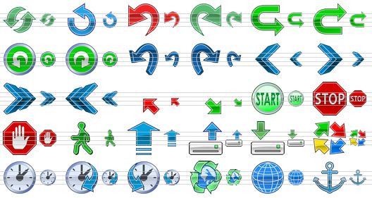 navigation toolbar icons - sync, revert, undo, redo, undo operation, redo operation, green undo button, green redo button, undo 3d, redo 3d, play back 3d, play forward 3d, forward 3d, rewind 3d, import, export, start, stop, abort, ignore, update, upload, download, synchronize, time, schedule, history, recycling, globe, anchor icon