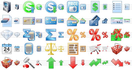 perfect bank icons - atm, up prices, down prices, price, price list, list, clear document, personal smartcard, visa card, credit cards, bank cards, cheque, diamond, math, sum, percent, red percent, tax, calendar, calculator, scales, abacus, shopping cart, empty basket, full basket, auction, raise, fall, growth, recession icon