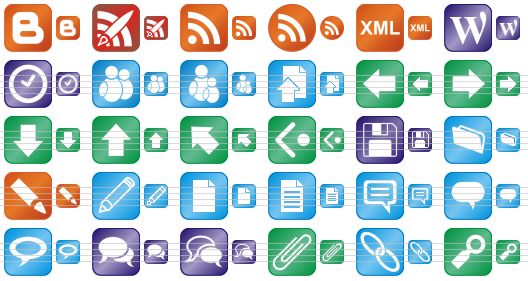 perfect blog icons - blog, blogging, rss, feed, xml, word, clock, community, community part, submit story, previous, next, download, upload, up-left arrow, trackback, save page, folder, modify, edit, new file, text, comment, opinion button, hint button, comments, join, paper-clip button, permalink, key icon