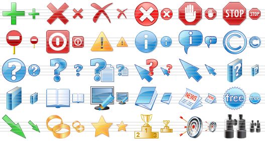 perfect business icons - add, delete, erase, cancel, abort, stop, no entry sign, turn off, warning, info, about, copyright, confirmation, question, how to, what is it, pointer, help book, book, book of records, inventory, case history, newspaper, free, downward pointer, wedding, favourites, winner, target, search icon