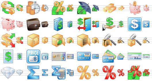perfect business icons - conversion of currency, credit, capital gains, insurance, gold bullion, piggy bank, empty piggy bank, purse, bank, in-home banking, bank service, finance, investment, safe, open safe, empty safe, broken safe, break safe, price list, price, personal smartcard, visa card, credit cards, cheque, diamond, sum, math, percent, red percent, tax icon