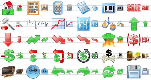 perfect business icons - real estate, abacus, calculator, calc, barcode, sale, auction, stock market, stock information, economics, market, raise, fall, growth, recession, economic crisis, fire damage, breakages, debt, refund, refunds, chargeback, bad debts, housebreaking, bankruptsy, bankrupt, undo, redo, refresh, save icon
