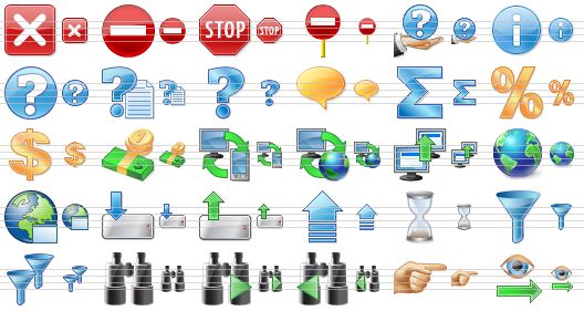 perfect database icons - close, no entry, stop, no entry sign, support, info, help, how to, question, hint, sum, percent, dollar, money, pc-pda synchronization, pc-web synchronization, data transmission, earth, internet application, download, upload, update, hourglass, filter, data filters, search, search next, search previous, index, lookup icon