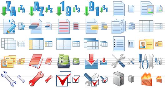 perfect database icons - sorting z-a, sorting a-z, sorting 9-1, sorting 1-9, document, graphic file, object manager, clear document, event manager, properties, reports, datasheet, datasheets, grid, table, tables, list, account card, account cards, case history, card file, form editor, options, tools, wrench, repair, check boxes, check options, server, firewall icon