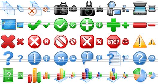 perfect design icons - paper, no paper, camera, reflex camera, camcorder, scanner, desktop, apply, ok, create, add, remove, delete, cancel, no, close, stop, warning, question, info, quote, about, how to, support, help book, diagram, 3d bar chart, 3d chart, statistics, pie chart icon