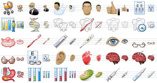 perfect doctor icons - baby carriage, retiree, angel, head, good state, genealogy, demography, genetics, teeth, sound tooth, tooth, temporary tooth, false tooth, toothbrush, toothpaste, thermometer, eye, spectacles, sun glasses, eye chart, ear, heart, brain, brain probe, metabolism, test tubes, blood test, bacteria, syringe, ampule icon