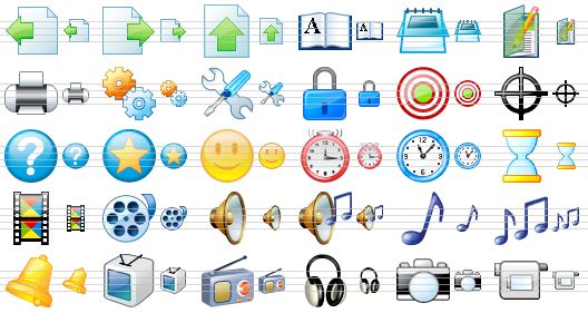 perfect mobile icons - previous page, next page, send page, address book, notepad, notes, print, applications, tools, lock, target, position, help, favourites, smile, alarm, time, loading, video, multimedia, sound, music, music note, music notes, bell, tv, radio, head phones, camera, video camera icon