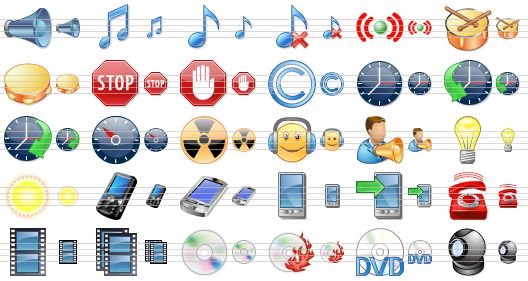 perfect multimedia icons - forum, music notes, music, no music, vibration ring, drum, tambourine, stop sign, abort, copyright, clock, history, schedule, gauge, atomic, operator smile, orator, lamp, brightness, mobile phone, pda, cellphone, upload to phone, call, frame, frames, cd, burn cd, dvd, webcam icon