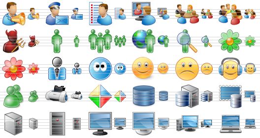 perfect network icons - notification, postman, client list, visual communication, meeting, large group, free bsd, people contact, people contacts, people online, search contact, online, offline, person, nick, smile, depression, operator smile, chat, printer, resources, database, data server, managed e-mail, server, host, monitor, display, computer, notebook computer icon