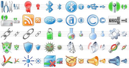 perfect network icons - tools, certification, bluetooth, bluetooth symbol, usb, wi-fi, wireless modem, rss, php, attribute, copyright, counter, chain link, chain, id, data, no data, gear, protection, shield, virus, radio transmitter, radio transmission, cable, wire, port, logical unit, drum, megaphone, forum icon