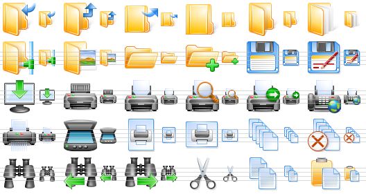 perfect office icons - open, up folder, close folder, closed folder, open folder, documents, publish, my pictures, open file, new folder, save, save as, save data, printer, print, print preview, fast print, send fax, shredder, scanner, portrait, landscape, paper, no paper, search, search previous, search next, cut, copy, paste icon