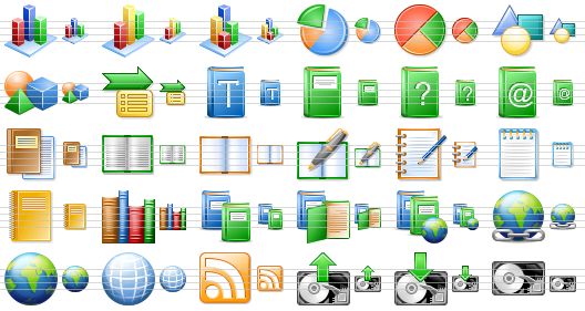 perfect office icons - 3dchart, 3d bar chart, statistics, pie chart, 2d pie chart, figures, objects, smartart, thesaurus, book, help book, address book, case history, book of records, open book, notebook, notes, notepad, diary, book library, reference books, open references, online references, hyperlink, internet, globe, rss, upload, download, hard drive icon