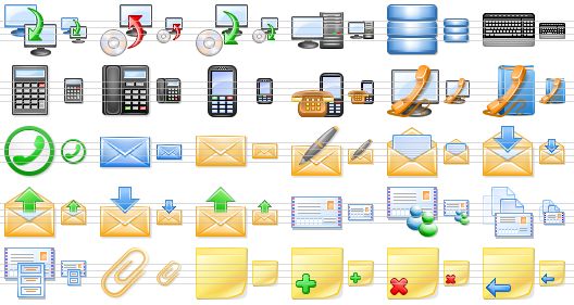 perfect office icons - data transmission, restore, backup, computer, database, keyboard, calculator, phone, mobile phone, phones, phone support, telephone directory, phone number, letter, mail, write email, open mail, receive, send, get mail, send mail, envelope, select recipients, start merging, stickers, attach, note, new note, delete note, previous note icon
