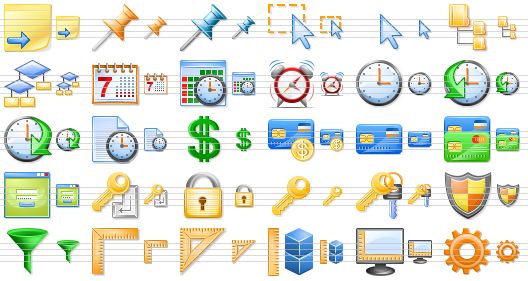 perfect office icons - next note, bookmark, pin, select, cursor, hierarchy, flow block, calendar, date and time, alarm, time, history, schedule, time management, dollar, money, credit card, credit cards, login form, login, lock, key, keys, shield, filter, rulers, measure, units, screen settings, configuration icon