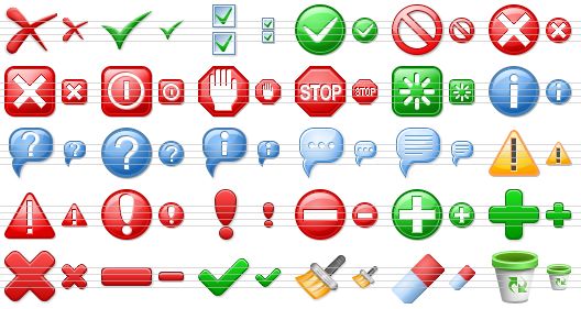 perfect office icons - reject, accept, check boxes, ok, no, cancel, close, turn off, terminate, stop, restart, info, hint, support, about, comment, message, warning, error, danger, problem, forbidden, create, add, delete, remove, apply, clear, eraser, empty dustbin icon