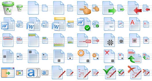 perfect office icons - full dustbin, new file, text file, file properties, export text, import text, word 97 file, word file, word sample, check compatibility, title page, drop cap, caption, header, footer, marginal notes, page number, current position, side page number, top page number, bottom page number, page number format, delete page number, cross reference, checking area, edit text, edit document, overpatching, accept changes, reject changes icon