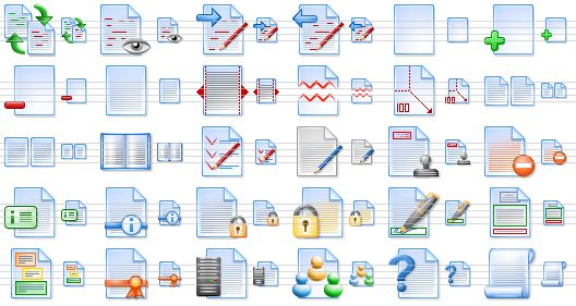 perfect office icons - flip changes, show changes, next correction, previuos correction, page, add page, remove page, page marking, page width, page break, scale 100, two files, two pages, read mode, prepare, draft, final document, restrictions, properties, file info, lock file, encipher, signature, structure, express block, digital signature, file server, workspace, how to, script icon