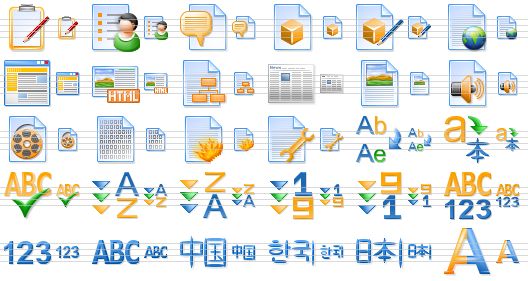 perfect office icons - tasks, client list, blog, object, object manager, web document, web site, html message, site map, news, image file, sound file, multimedia file, binary file, burn text, page options, replace text, translation, spell checking, sort a-z, sort z-a, sort 1-9, sort 9-1, letters and digits, digits, abc, chinese, korean, japanese, font style icon