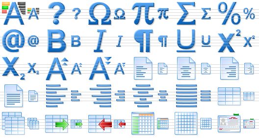 perfect office icons - select font, question, symbol, formula, sum, percent, email, bold, italic, special symbols, underlined, superscript, subscript, enlarge size, reduce size, align text left, align text center, align text right, justify text, align left, align right, align center, justify, table, tables, export table, import table, datasheet, grid, card icon