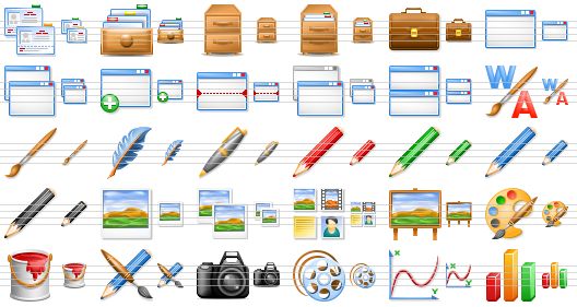 perfect office icons - cards, card file, card index, open card index, briefcase, window, windows, new window, divide window, move to other window, normalize windows, wordart, brush, feather, pen, red pencil, green pencil, blue pencil, black pencil, picture, images, clip, gallery, palette, paint, graphic tools, camera, movie, chart, diagram icon