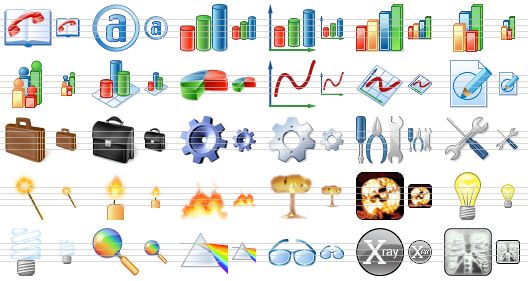 perfect science icons - telephone directory, attribute, bar graph, graph, 3d bar chart, statistics, demography, 3d chart, pie chart, chart xy, chart, drawing, brief case, case, gear, configuration, tools, options, wizard, light, flame, nuclear explosion, supernova, lamp, fluo, view spectrum, prism, spectacles, x-ray, x-ray picture icon
