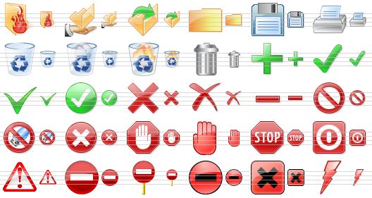 perfect security icons - hot documents, folder sharing, open file, closed folder, save, print, empty dustbin, full dustbin, burn dustbin, trash, add, apply, yes, ok, delete, erase, remove, no, no usb, cancel, abort, terminate, stop, turn off, error, restricted, no entry sign, forbidden, harmful, disaster icon