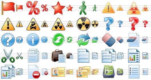 perfect security icons - red flag, red percent, red star, ignore, warning, virus warming, general danger, poison, radioactive, radiation, question, question mark, help, info, refresh, sync, clear, clear document, cut, copy, paste, blank, blanks, report, reports, restricted page, card, cards, card file, list icon