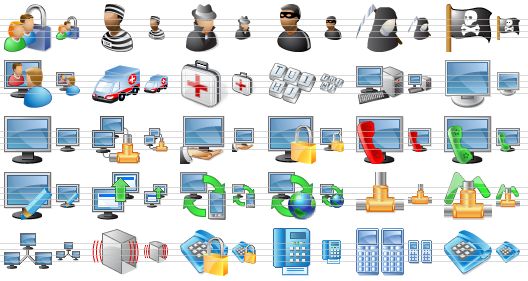 perfect security icons - locked users, prisoner, spy, thief, death, pirate flag, visual communication, ambulance car, first aid, keyboard, my computer, monitor, computer, client network, computer access, local security policy, phone support, monitor and phone, inventory, data transmission, pc-pda synchronization, pc-web synchronization, network connection, traffic, computer network, vpn tunnel, voice identification, fax machine, cell phones, phone icon