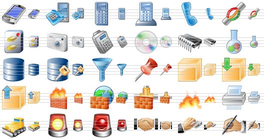perfect security icons - pda, phones, mobile phone, telephone, telephone receiver, cable, phone communication, camera, card terminal, cd, chip, data, database, database security, filter, pin, archive, pack, unpack, firewall, world firewall, network firewall, flame, shredder, bulldozer, emergency on, emergency off, handshake, login, signature icon