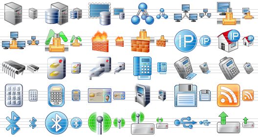 perfect telecom icons - server, data server, managed e-mail, network, computer network, network computer, network group, traffic, firewall, network firewall, ip, ip address, chip, phone communication, no connection, fax machine, fax, card terminal, keypad, calculator, personal smartcard, atm, floppy, rss, bluetooth, bluetooth symbol, wi-fi, wireless modem, usb, upload icon