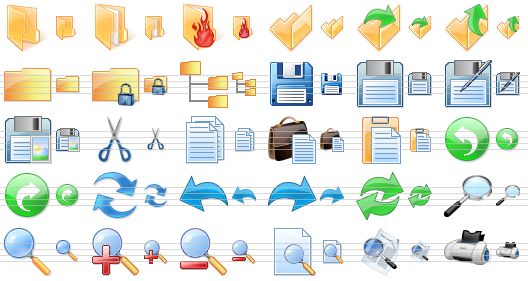 perfect toolbar icons - folder, documents, hot documents, open, open file, up folder, closed folder, locked folder, folder tree, floppy, save, save as, save picture, cut, copy, paste, paste document, undo, redo, refresh, undo v2, redo v2, refresh v2, explore, zoom, zoom in, zoom out, preview, preview 3d, printer icon