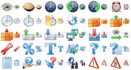 perfect toolbar icons - eye, hide, clock, history, schedule, alarm, time, timer, scheduled, time machine, archive, unpack, pack, upload, download, data transmission, form editor, lookup, repair, percent, text, spell cheking, question, how to, questionnaire, support, what is it, inquiry, single problem, multiple problems icon